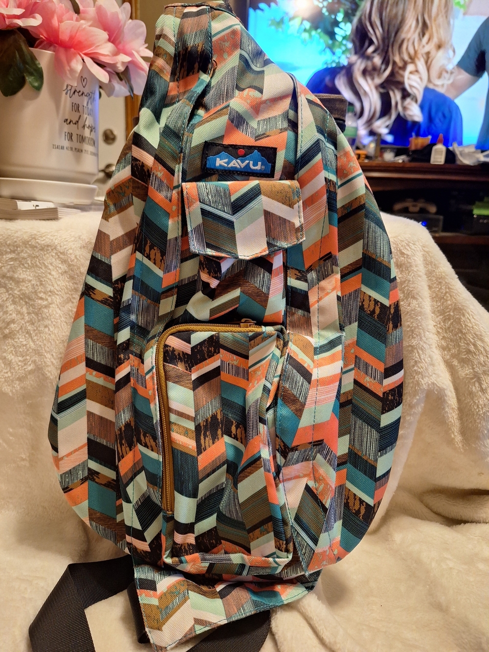 Kavu Sling  Backpack In Costal Block Pattern With Rope Strap